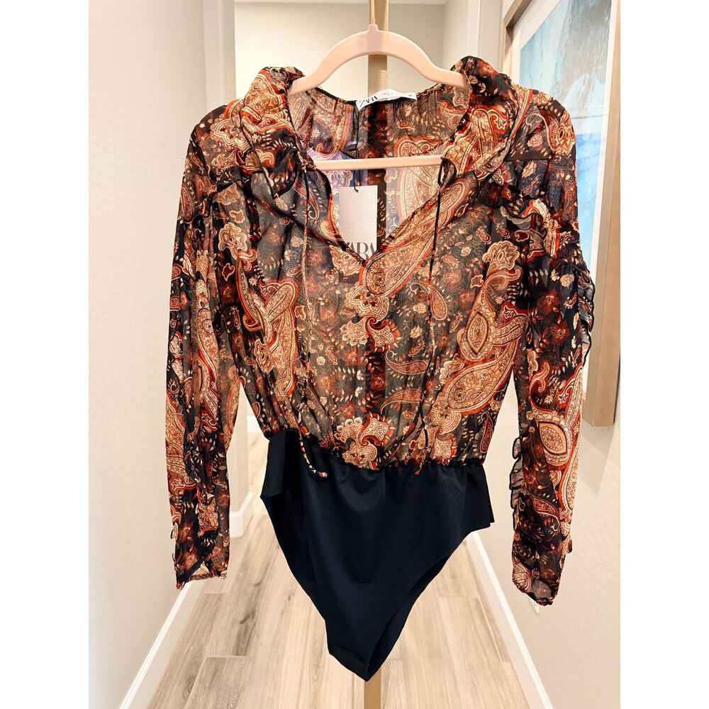 Zara NWT Paisley Sheer Ruffle Bodysuit Size S Dark Romantic Boho Y2K